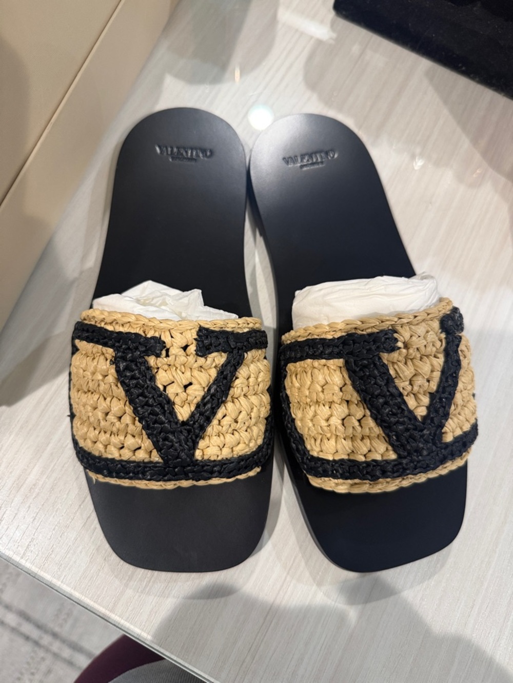 Woven Raffia Slide Sandals in Natural and Black VALENTINO